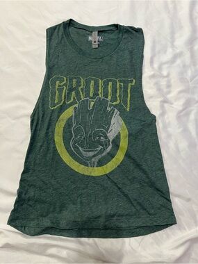 Next Level Apparel Dark Green 'Groot' Graphic Muscle Tank with Yellow Print